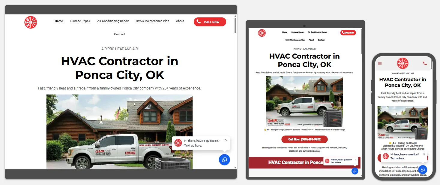 Air Pro Heat and Air website for HVAC contractor in Ponca City, OK shown on desktop, tablet and phone