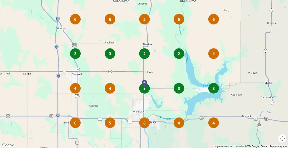 Google Maps ranking grid for Air Pro Heat and Air in Ponca City, August 2023. Green circles show top 3 positions.