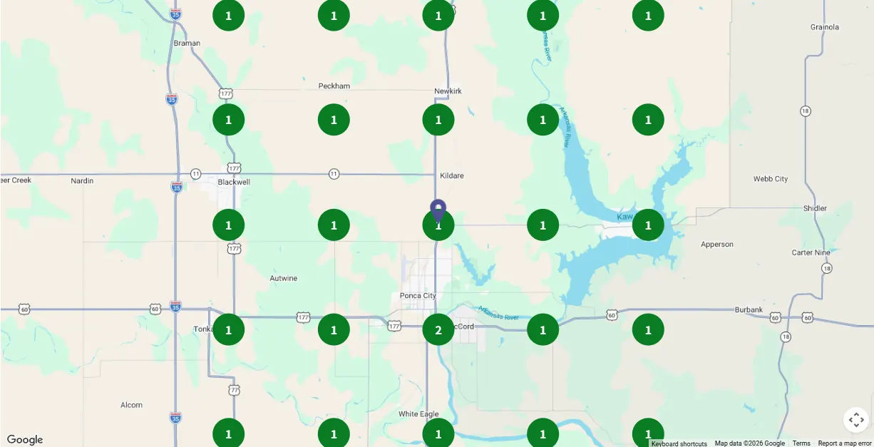 Google Maps ranking grid for Air Pro Heat and Air in Ponca City, February 2024. Green circles show top 3 positions.