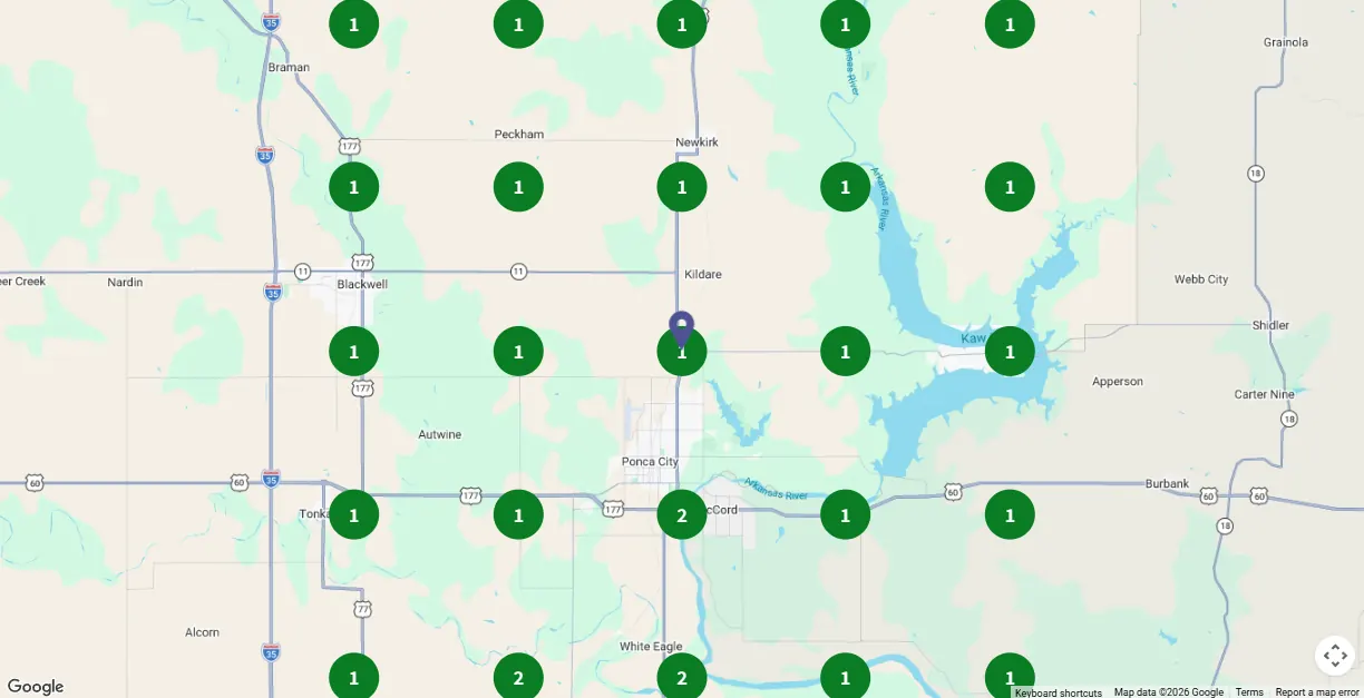 Google Maps ranking grid for Air Pro Heat and Air in Ponca City, February 2025. Green circles show top 3 positions.