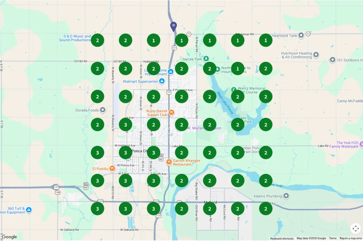 Google Maps ranking grid for Air Pro Heat and Air in Ponca City, February 2026. Green circles show top 3 positions.