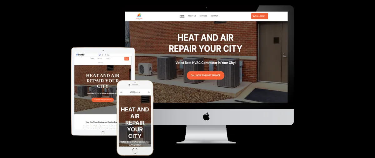 Sample HVAC website design for a heat and air repair company on desktop, tablet and phone