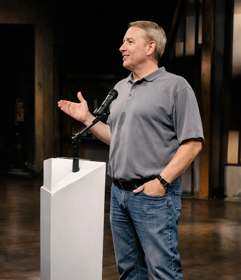 Todd Hayes, HVAC marketing specialist and owner of Hayes Digital Marketing in Ponca City, OK, speaking at a podium